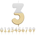 Talking Tables-White & Gold Candle-3 Bougie numéro 3 pour gâteaux, BDAY-CANDLE-GLDV2-3, Number 3