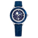 Swarovski Montre Octea Moon, Fabriqué en Suisse, Lune, Bracelet en cuir, Bleues, Finition bleue