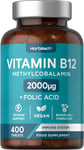 Vitamin B12 Tablets Supplement | 2000mcg | 400 Vegan Tablets | Folic Acid