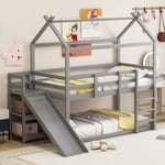 Lit enfant 90200 cm, lit superposé bas, lit mezzanine avec toboggan et rangement, lit superposé en bois massif avec sommier à lattes, gris