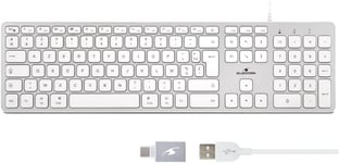 Clavier Français AZERTY Filaire pour Mac - Touches Concaves et Silencieuses, 13 Raccourcis Multimédia, Adaptateur USB/USB-C