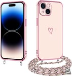 Coque Pour Iphone 15 Avec Cordon, Coque Pour Iphone 15 Silicone Avec Motif Coeur D'amour Mignon Étui Housse Antichoc Avec Collier Réglable Lanyard Case, Or Rose