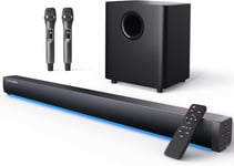 Barre de Son TV avec Caisson de Basses avec Microphone Sans Fil, Enceinte PC Son Surround 2.1 Canaux Bluetooth 5.0 avec Télécommande avec AUX, HDMI Arc, Optique, Coaxial, USB pour Appareils TV