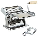 Imperia Italian Double Cutter Pasta Machine, Homemade Pasta Maker with Detachable Wooden Handle, Adjustable Dial with Six Thickness Settings, Silver