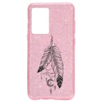 Coque Iphone 12 MINI paillettes rose plumes