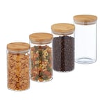 Relaxdays Lot de 4 bocaux en Verre avec Couvercle Bambou, Bocal Conservation, 1000 ML, hermétique, Transparent/Naturel