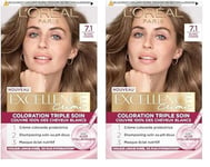 L'Oréal Paris - Excellence Crème -Kit de Coloration Permanente Triple Soin de Cheveux - 100% Couverture Cheveux Blancs - Nuance 7,1 Blond Cendré (Lot de 2)