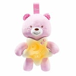 Chicco Veilleuse Petit Ourson First Dreams, Peluche douce en forme d'ours à accrocher au lit ou au berceau avec mélodies relaxantes et veilleuse, rose, 0 mois et plus