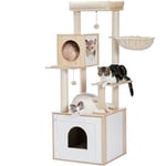 Grand Arbre à Chat en Bois, Cabinet de Toilette pour Chat, Bac à Litière, 150cm, Beige - Pawz Road