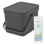 Brabantia Sort & Go Food Waste Caddy – 6 Litre & 10x Compostable Bags - Grey