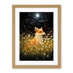 Artery8 Watching the Fireflies Dance Happy Fox over a Wildflower Meadow Oil Painting Orange White Blue Full Moon Spring Night Dreamy Landscape Artwork Framed Wall Art Print 18X24 Inch