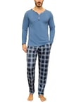 Irdcomps Pyjama Homme Hiver Coton Ensembles de Pyjamas Chauds Manches Longues Col Rond Vêtements De Nuit Pantalon de Pyjama à Carreaux Vêtements de Détente Deux Pièces Confortable Doux Bleu Clair 3XL