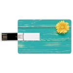 32G USB Flash Drives Credit Card Shape Rustic Memory Stick Bank Card Style Flower on Vintage Wooden Backplane Floral Beauty Redolence Spring,Turqouise Yellow Waterproof Pen Thumb Lovely Jump Drive U D