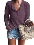 WNEEDU Pull Femme à Manches Longues en Tricot Gaufré Tunique T-Shirt Chemise Henley Décontracté Col V avec Boutons