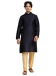 SKAVIJ Kurta Pajama Set for Men Jacquard Silk Indian Wear Dress Blue L