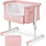 Berceau pour Bébé 3 en 1 Lit pour Cododo Portable avec Mode Berceau Matelas Amovible Hauteur Réglable Poches de Rangement Rose