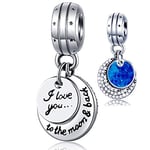 I Love You to the Moon and Back Pendant Charms, fit Pandora Valentines Bracelet, 925 Sterling Silver Blue Enamel Crescent Moon and Stars CZ Necklace Beads, Gift for Couple/Bride