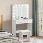 Clipop - Coiffeuse avec lampes led et tabouret, coiffeuse, 2 grands tiroirs et tabouret,coiffeuse miroir led,coiffeuse bureau 2 en 1, Blanc