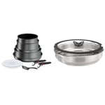 Tefal Ingenio Daily Chef ON Pots & Pans Set, 10 Pieces, Stackable, Removable Handle, Space Saving, Non-Stick, Induction, Grey, L7619302 & Ingenio Stainless Steel Steamer with Glass Lid