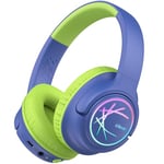 iClever Kids Bluetooth Headphones with LED Lights, BTH18 Safe Volume 74/85dBA, 43H Playtime, Bluetooth5.3 Kids Headphones Wireless Aux Cord for iPad/Tablet/Travel/School, Blue/Green