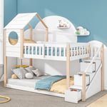 Lit enfant cabane dans les arbres, armoire échelle, lit maison en bois de pin pour enfants, 90 x 200 cm, sans matelas, naturel + blanc - Redom