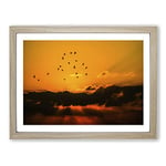 Birds in the Sky Orange Sunset Modern Framed Wall Art Print, Ready to Hang Picture for Living Room Bedroom Home Office Décor, Oak A3 (46 x 34 cm)