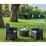 Set salon d'extérieur Napoli, Salon de jardin composé de 2 fauteuils et 1 table conteneur, Salon effet rotin, 100% Made in Italy, Anthracite, avec