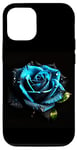 Coque pour iPhone 14 Belle rose bleue vibrante avec gouttelettes d'eau