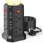 Tower Extension Lead with USB Slots and Night Light, (13A 3250W)5 USB Ports & 8 Way Socket Extension Tower, Surge Protected Extension Lead with 4 Switches,3M Extension Cable for Home, Office