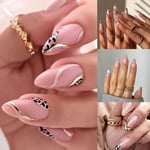 Pink Leopard Print Ballet Nails French Fake Nails Long Almond French Lines