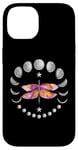 Coque pour iPhone 14 Rose Libellule Floral Phases de Lune Lunaire Spirituelle Wiccan