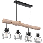 Suspension design en bois avec abat-jour en grille Suspension avec poutres en bois 4 flammes, métal noir bois naturel, 4x E27 max 40 watt, LxPxH