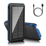 Portable Charger Solar Power Bank 30000mAh Battery Pack Charger Camping Waterproof External Backup Charge with 3 Outputs 2 Input LED Flashlight (Blue)