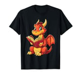 Happy Red Dragon Reading - Whimsical Fantasy Design T-Shirt