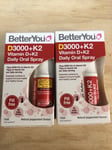 BetterYou Vitamin D3000+K2 Daily Oral Spray Natural Daily Multivitamin Spray X2