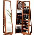 Armoire à Bijoux sur Base pivotante à 360º et Miroir Pleine Longueur, Armoire de Bijoux Verrouillable avec Clés, 3 Étagères pour Bagues, Boucles