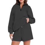 (Dark Gray L)Women Hoodie Set Plain Pockets Long Sleeve Short Pants Casual XAT