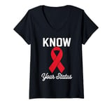 Womens Know Your Status Red Ribbon Aids Awareness Virus V-Neck T-Shirt