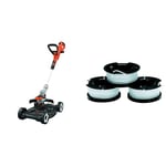 BLACK+DECKER STC1820CM-QW Outil 3 en 1 : Coupe-Bordures, Dresse-Bordures et Tondeuse sans Fil, Rouge Orangé, 28 cm & A6485-XJ Lot Reflex 3 bobines de 10 mètres de Fil, Blanc, 1,5 mm