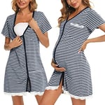 Uniexcosm Chemise Nuit Allaitement Maternité Coton Robe de Nuit Femme Enceinte Col en V Manches Courtes Devant Ouvert Chemise de Nuit Femme Grossesse A-Rayures Bleu Marine XL