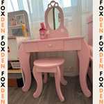 Pink Kids Vanity Table & Stool Set Girls Dresser Dressing Make Up Desk Mirror