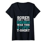 Womens Sober for 1 Year Funny Recovery Milestone V-Neck T-Shirt