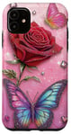 Coque pour iPhone 11 Rose et papillon mignon sur fond rose