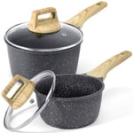 GiPP 1.5L&2.5L Sauce Pan Set with Lid Nonstick - Grey Granite Non Stick Sauce Pots Cooking Pot with Stay-Cool Handle, Small Kitchen Pots Saucepan Set Induction Compatible, PFOA Free(Grey, 16+18cm)