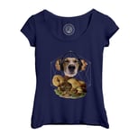 T-Shirt Femme Col Echancré Chien Casque Audio Collage Art Surréalisme Vintage Champignon