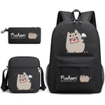 Pusheen Fat Kitty Tredelad Skolväska Casual Pojkar Och Flickor Student Ryggsäck Tryck Stor Kapacitet Utomhus Ryggsäck(Svart)