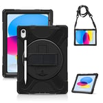 Gerutek Coque Antichoc pour iPad 10ème Génération 2022, (10.9 Pouces), Étui Armure Robuste avec Support Rotatif, Dragonne et Bandoulière Réglable, Porte-Stylet, Housse pour iPad 10ème 2022 10.9", Noir