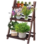 RELAX4LIFE Étagère à Fleurs Porte-Plante Pliable à 3 Niveaux, Support de Pot de Fleurs en Sapin Carbonisé, 60X32X93CM