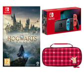 Nintendo Switch Neon Red & Blue, Hogwarts Legacy & Pikachu Plaid Case Bundle, Red,Blue