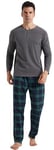 Henley Pyjama long 2 pièces pour homme - Manches longues - Flanelle - Pantalon de pyjama à carreaux - Avec poche - Polaire douce - Ensemble de vêtements de détente, Gris + vert à carreaux, L